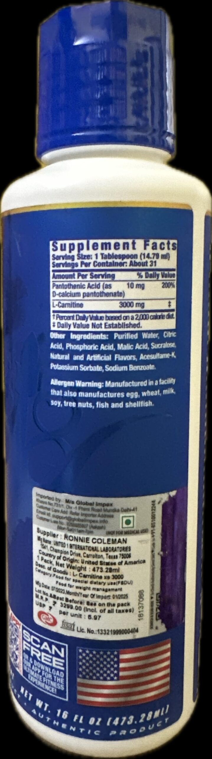 Ronnie Coleman L-Carnitine 3000,Liquid Dietary Supplement,31 Servings (473.28 ML Pack Of 1, Grape) - Image 3